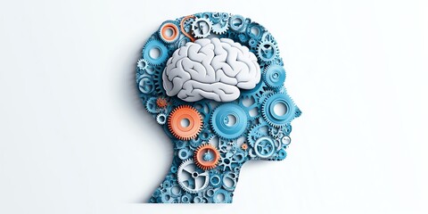 Flat illustration of a human head with white brain and colorful vintagestyle gears representing creative thinking and innovation