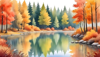 Cozy fall landscape featuring a hand-painted river with vibrant autumn leaves, creating a warm, inviting nature scene
