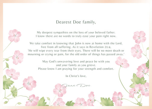 Floral condolence card template, featuring elegant pink Geranium Mavis Simpson flowers and leaves on a solid white background - Powered by Adobe