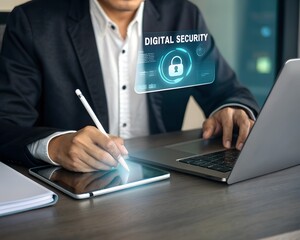 Digital security concept businessman working on laptop and tablet for cybersecurity  protection