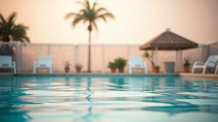 Tropical Resort Pool at Sunset with Palm Trees and Lounge Chairs