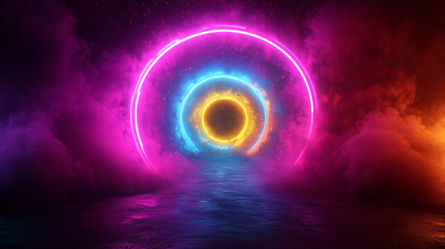 A glowing neon ring of pink and blue light in a dark, cosmic, and smoky setting. This is perfect for futuristic, music, or cyberpunk themes