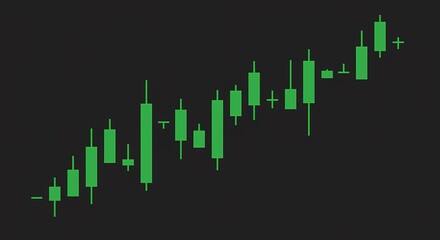 Green Candlestick Chart Showing Upward Trend in Financial Market Data on Dark Background, Representing Bullish Stock Growth and Investment Analysis