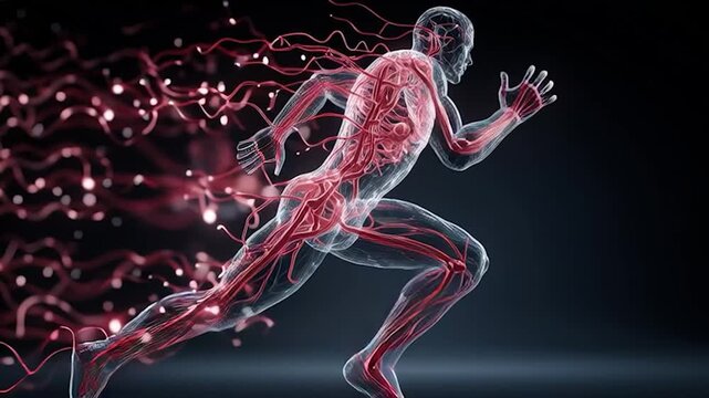 Animation of a moving human body showing the circulatory system in 3D