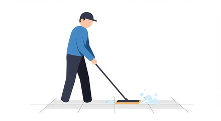 Professional Cleaner Mopping Tiled Floor with Soapy Water. Flat Vector Illustration of Janitor Performing Cleaning Duty.