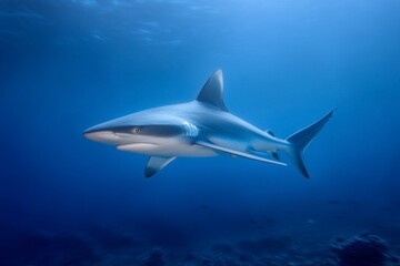 Fototapeta premium Gray shark swimming in a blue ocean with light ripples on the surface