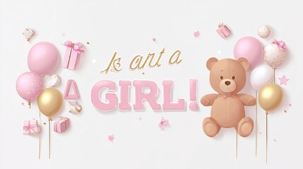 Pastel pink and gold baby girl gender reveal graphic with balloons, gifts, and teddy bear