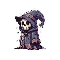 A spooky cartoon skeleton wears a tattered wizard robe and crooked hat, blending dark magic with gothic charm in a whimsical Halloween-themed illustration.