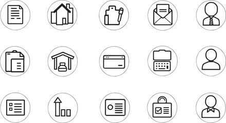clean vector UI icon set of houses, clipboard, email, document, credit card, user outlines, ID and envelope
