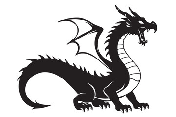 black dragon vector silhouette on white background. side view, dragon illustration