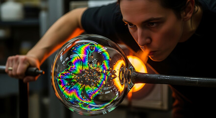 A glassblower carefully shapes a colorful, iridescent glass orb over a hot flame.