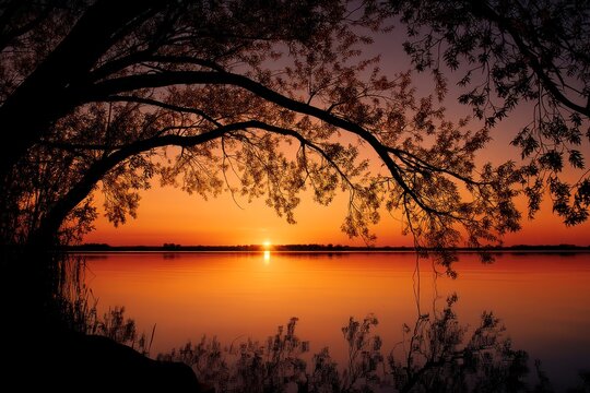 Silhouetted tree frames a sunset over calm water - Powered by Adobe