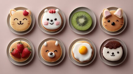 Obraz premium Food art featuring painted pancakes with faces and shapes, perfect for kids breakfast ideas and fun themes.