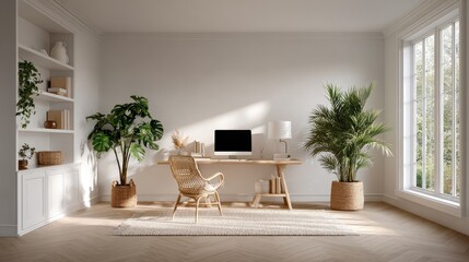Home office setup with a computer, houseplants, and natural decor in a well-lit room with plenty of copy space