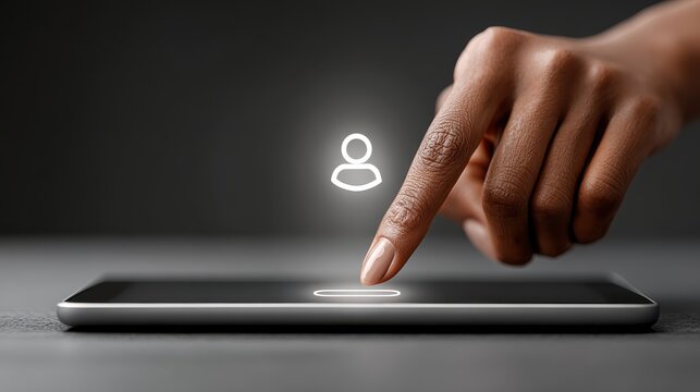 Hand tapping a user account icon on a tablet screen, highlighting user login or signup process