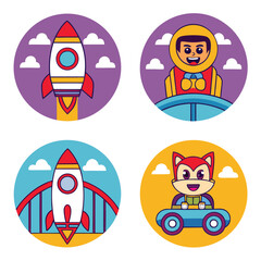 Four circular illustrations of space travel and cartoon characters