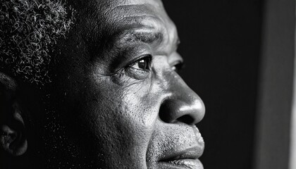 Close-up portrait of an older African-American man looking thoughtfully towards the light.