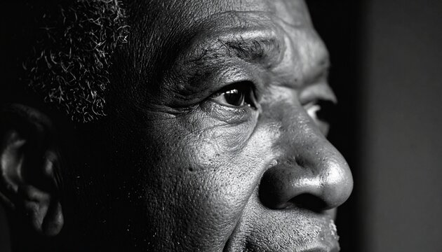 Close-up black and white portrait of an elderly African American man looking to the side, showing his face and profile.