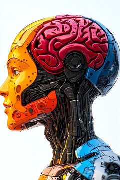 Conceptual illustration of a colorful human brain interacting with a robot head in multiple vivid colors
