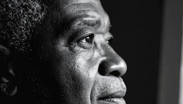 Close-up portrait of an older African-American man looking thoughtfully towards the light.