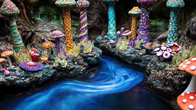 Whimsical, colorful mushroom forest scene with a flowing stream