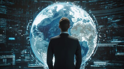 A man in a suit stands facing a digital globe surrounded by data streams.