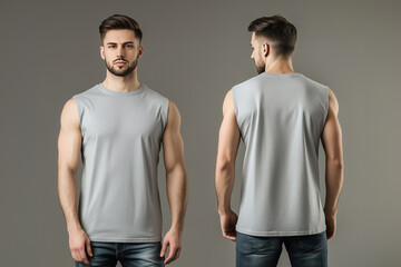 Front and back view of a man wearing a plain gray sleeveless tank top