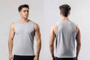 Front and back view of a man wearing a plain gray sleeveless tank top