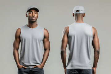 Front and back view of a man wearing a plain gray sleeveless tank top