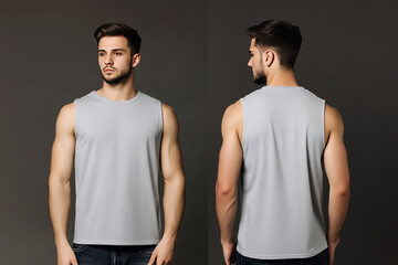 Front and back view of a man wearing a plain gray sleeveless tank top