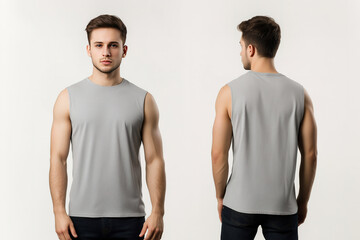 Front and back view of a man wearing a plain gray sleeveless tank top