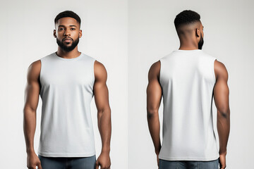 Front and back view of a man wearing a plain gray sleeveless tank top