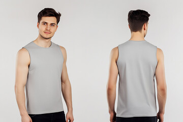 Front and back view of a man wearing a plain gray sleeveless tank top