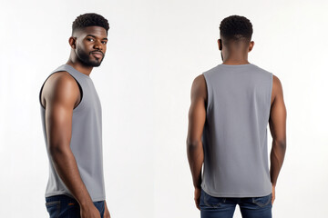 Front and back view of a man wearing a plain gray sleeveless tank top