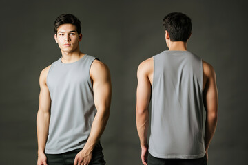 Front and back view of a man wearing a plain gray sleeveless tank top