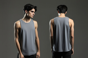 Front and back view of a man wearing a plain gray sleeveless tank top