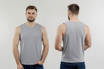 Front and back view of a man wearing a plain gray sleeveless tank top