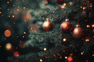 close-up of realistic Christmas tree branches, red and gold ornaments hanging, soft lights glowing, dark background blurred, extreme depth of field, cinematic lighting