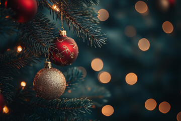 close-up of realistic Christmas tree branches, red and gold ornaments hanging, soft lights glowing, dark background blurred, extreme depth of field, cinematic lighting