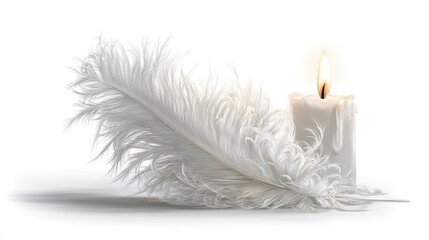 A single, pristine white ostrich feather rests beside a lit white candle against a stark white background, casting a subtle shadow.  The candle wax drips gently