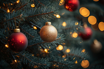 close-up of realistic Christmas tree branches, red and gold ornaments hanging, soft lights glowing, dark background blurred, extreme depth of field, cinematic lighting
