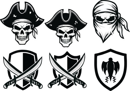 Six black and white pirate skull and shield graphic elements.