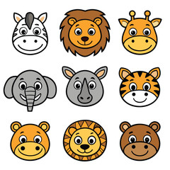 Safari animal faces collection zebra lion