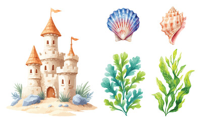 Sand castle with seashells and seaweeds, watercolor illustration isolated © inspiretta