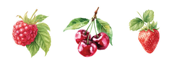Three different types of berries collection watercolor illustration isolated