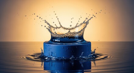 Photo of a blue cylindrical object causes a dynamic splash in rippling water with warm lighting