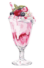 Ice cream with berries watercolor illustration isolated