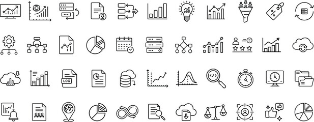 Essential Data Visualization and Performance Metrics Icons for Business Intelligence Tools.