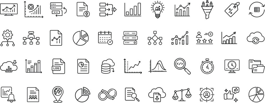 Essential Data Visualization and Performance Metrics Icons for Business Intelligence Tools.
