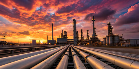 Industrial refinery at sunrise with smokestacks
